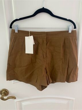 Zara Linen Blend Pleated Shorts Brown Size L NWT Tailored Summer Shorts